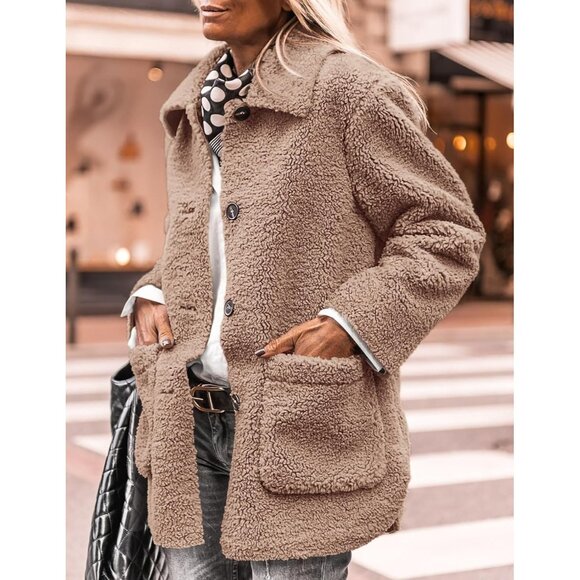 Women’s Winter Faux Fur Coat Long Sleeve Lapel Button Down Fleece Sherpa Jacket - Picture 8 of 8
